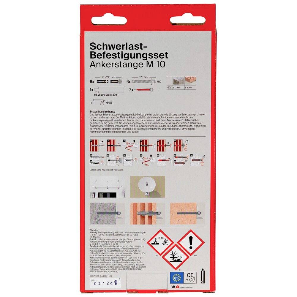 'Schwerlast-Befestigungsset Ankerstange M10' Verpackung mit Illustrationen zur Montage, Sicherheitshinweisen unten und CE-Zeichen.