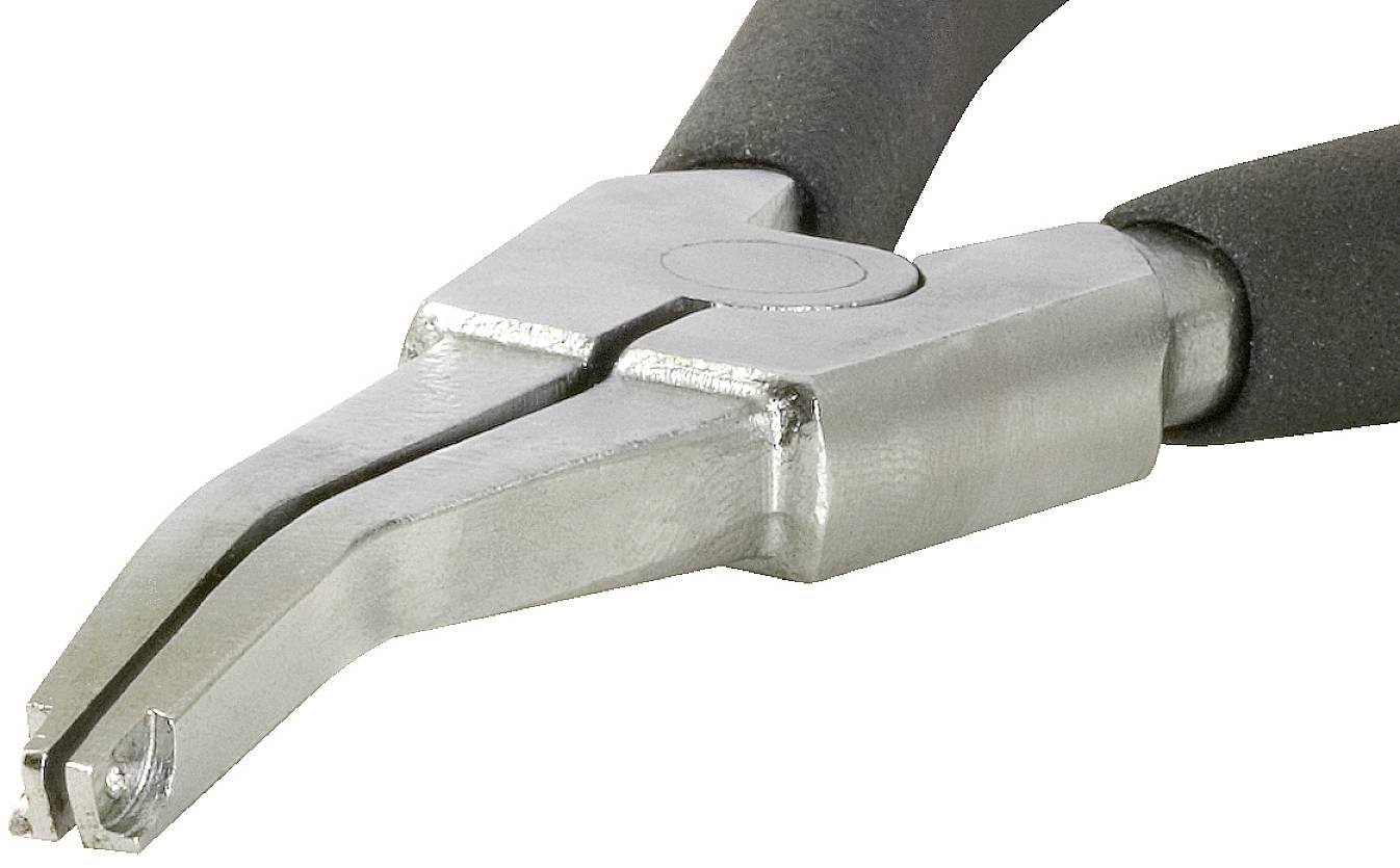 Kombizange mit schwarzen Griffen, die auf einer weißen Oberfläche liegt. Sie hat eine flache, spitze Form und ist aus Metall.