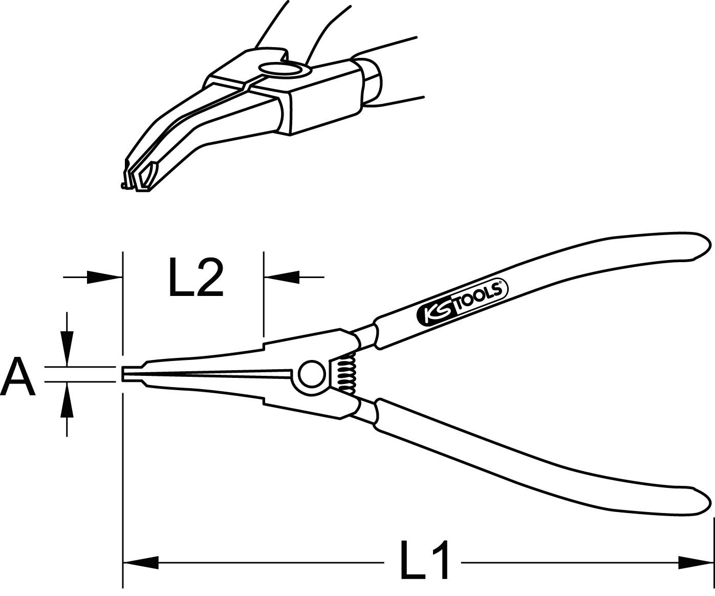 Diagramm einer Spitzzange mit gekröpften Backen. Maße L1 und L2 sowie Öffnung A sind angegeben. Gezeigt wird die Handhabung der Zange.