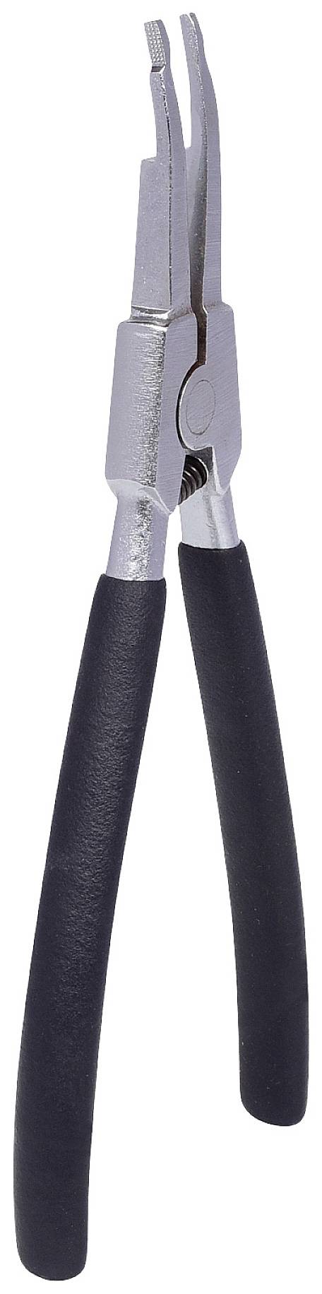 Eine silberne, metallische Spitzzange mit schwarzem Griff, geeignet für präzise Arbeiten, z. B. im Handwerk oder bei Reparaturen.