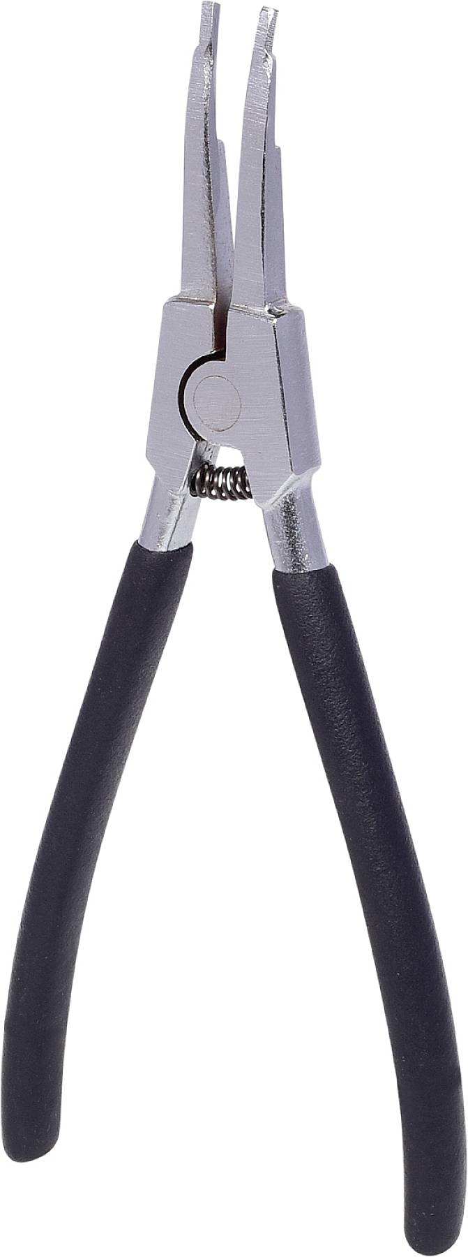 Eine spitze Zange mit schwarzen gummierten Griffen und metallischen Backen, zum Greifen und Biegen von Drähten geeignet.