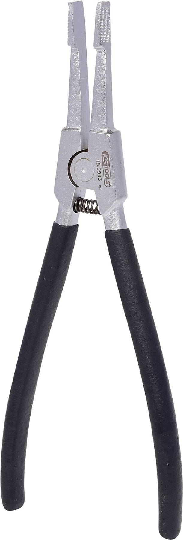 Eine silberne Zange mit schwarzen Griffen, gezeigt aufrecht mit geschlossener Spitze. Geeignet für handwerkliche Arbeiten oder Reparaturen.