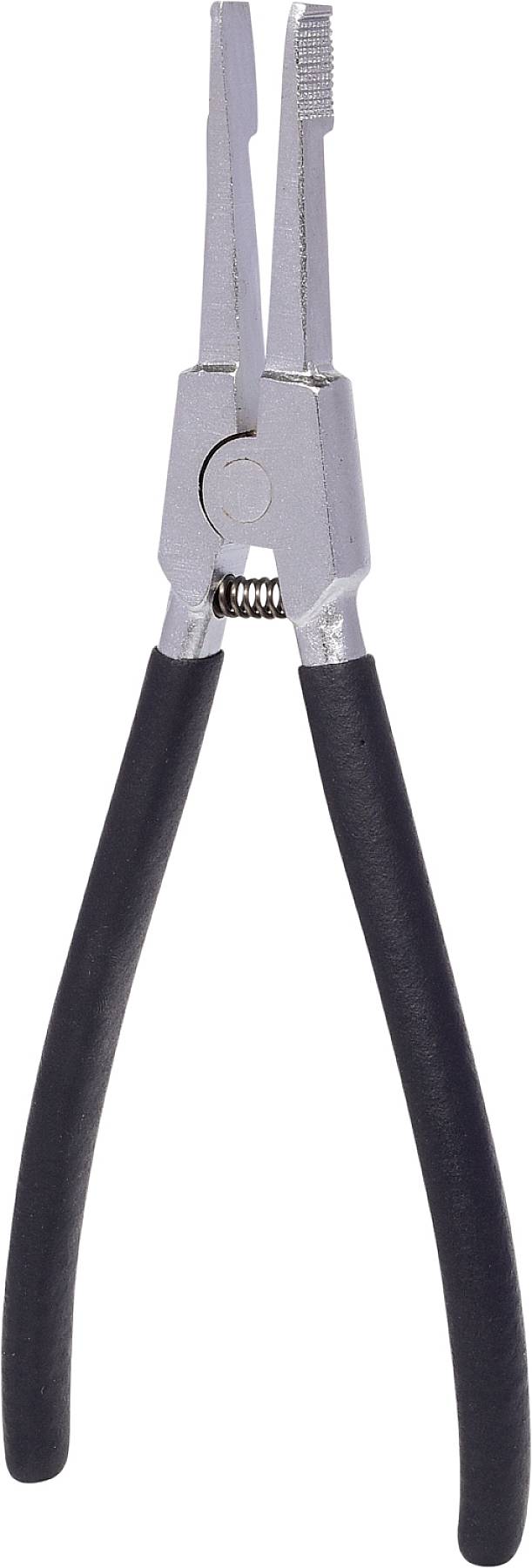 Eine silberne Spitzzange mit schwarzen Griffen, die zum Greifen und Biegen von Drähten verwendet wird.