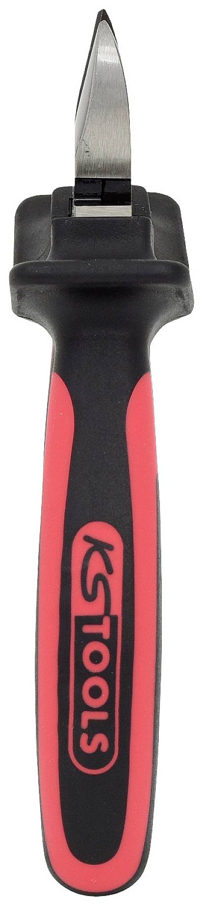 Ein schwarz-roter Kunststoffgriff-Werkzeug mit einer flachen, spitz zulaufenden Metallklinge, wahrscheinlich ein Hebelwerkzeug.