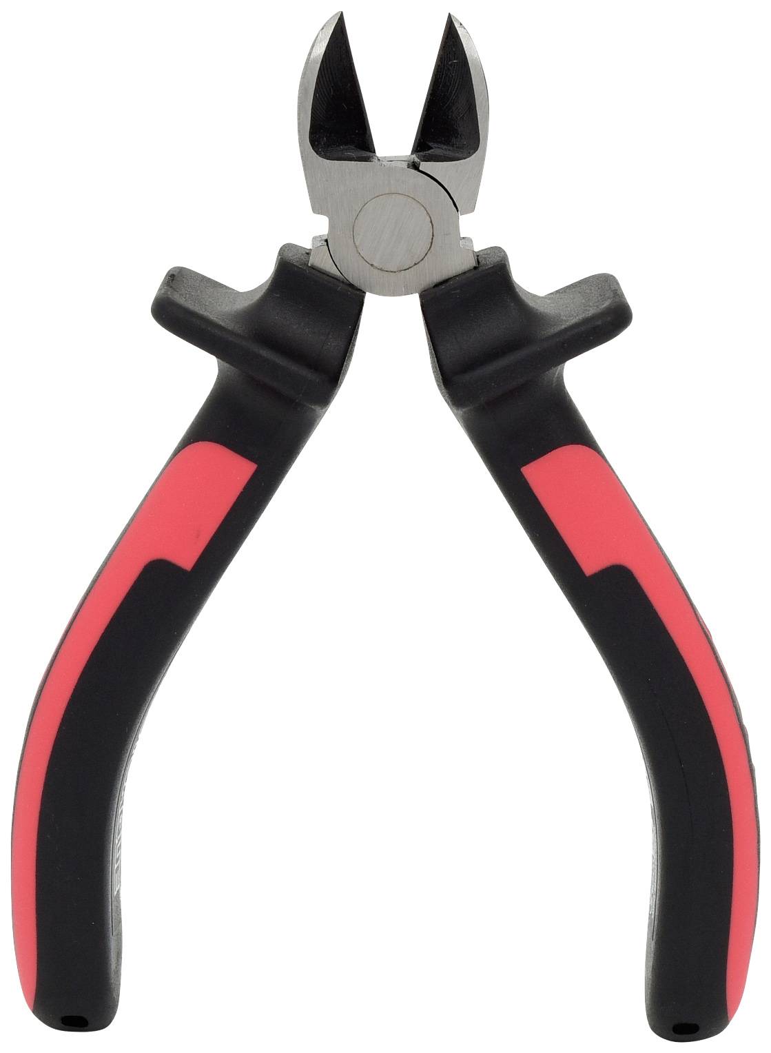 Seitenschneider mit roten Griffen, geöffnet.