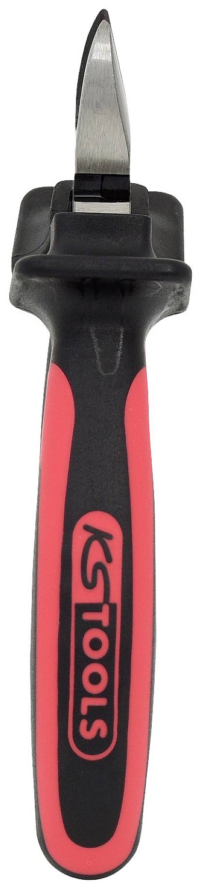 Ein rot-schwarzes Austernmesser mit einem kurzen, kräftigen Metallklinge und Plastikgriff zur sicheren Handhabung beim Öffnen von Austern.