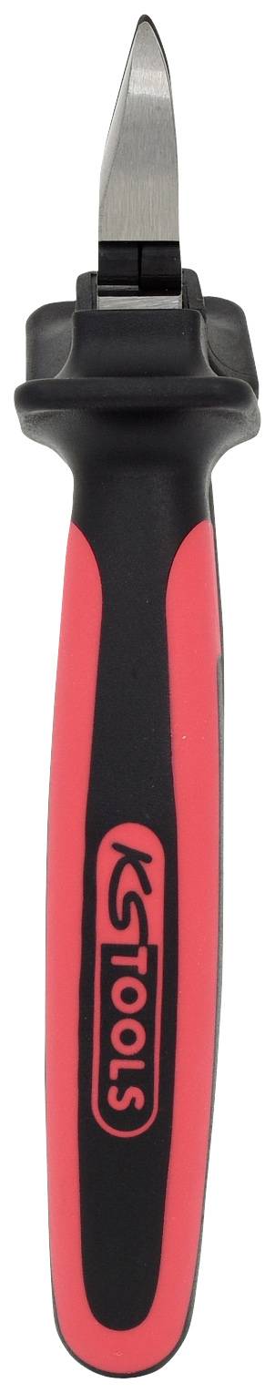 Das Bild zeigt ein rotes und schwarzes Werkzeug mit einer Klinge, möglicherweise ein Entmantelungsmesser.