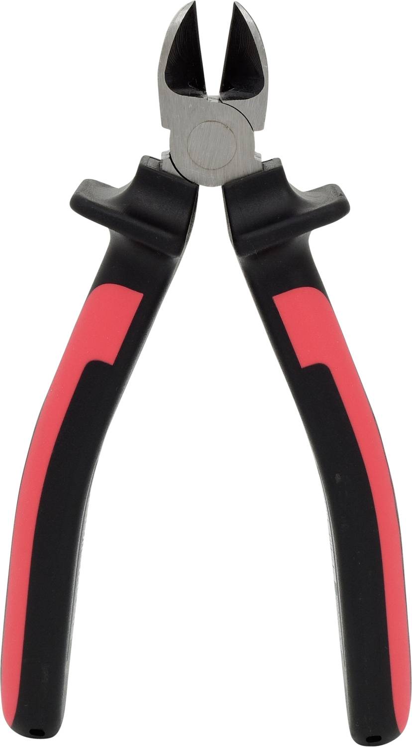 Ein Seitenschneider mit roten und schwarzen Griffen in der Nahaufnahme. Ideal zum Schneiden von Drähten und Kabeln.