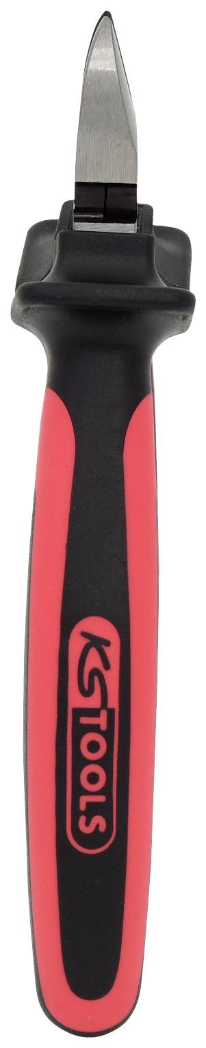 Ein rotes und schwarzes Handwerkzeug mit einem ergonomischen Griff und einer schmalen, spitzen Klinge, ideal für präzise Arbeiten.