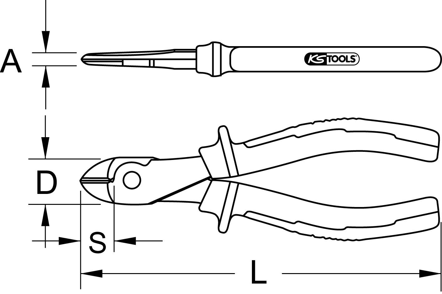 Abbildung zeigt die Maße einer Zange mit den Bezeichnungen: A, D, S, L. Oben ist ein Schraubendreher mit der Aufschrift KS Tools.