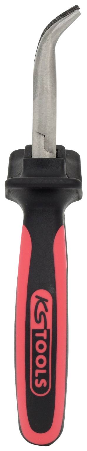 Eine Nahaufnahme eines roten und schwarzen Kunststoffschneiders mit gebogener Metallklinge und gummiertem Griff.