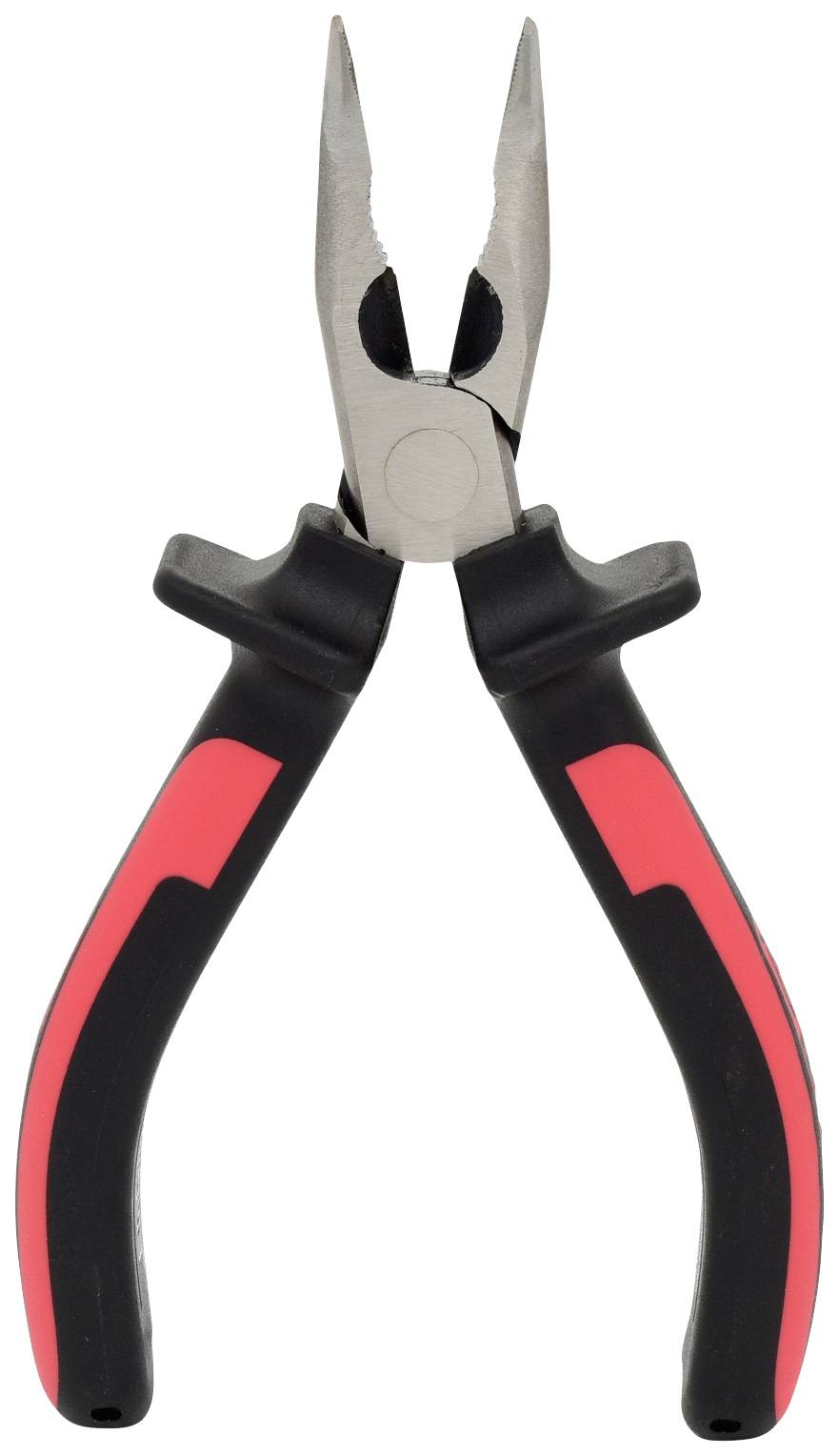 Rote und schwarze Spitzzange mit ergonomischen Griffen, geöffnet, auf weißem Hintergrund. Werkzeug zum Greifen kleiner Objekte.