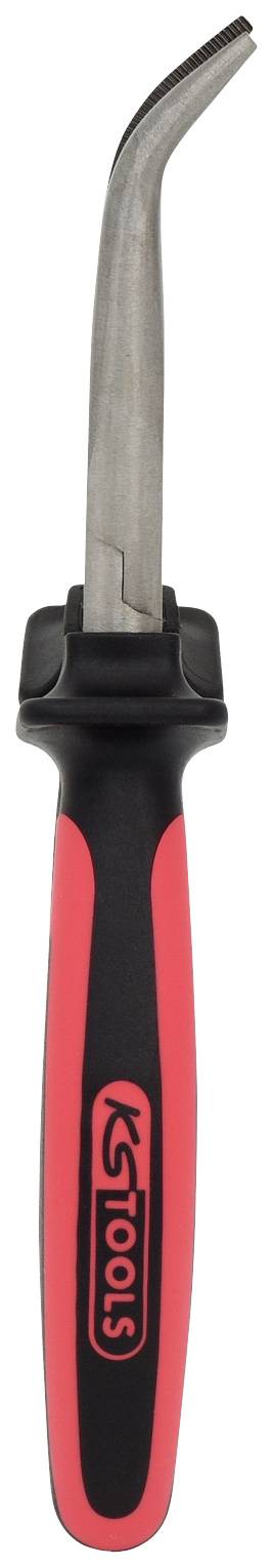 Ein rot-schwarzer Kunststoffgriff mit einem robusten, gebogenen Metallkopf, vermutlich ein Werkzeug für Handwerksarbeiten.