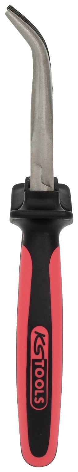 Ein ergonomisch geformtes Werkzeug mit einem roten und schwarzen Griff und einer gebogenen Metallklinge, vermutlich für spezielle Schneidarbeiten.