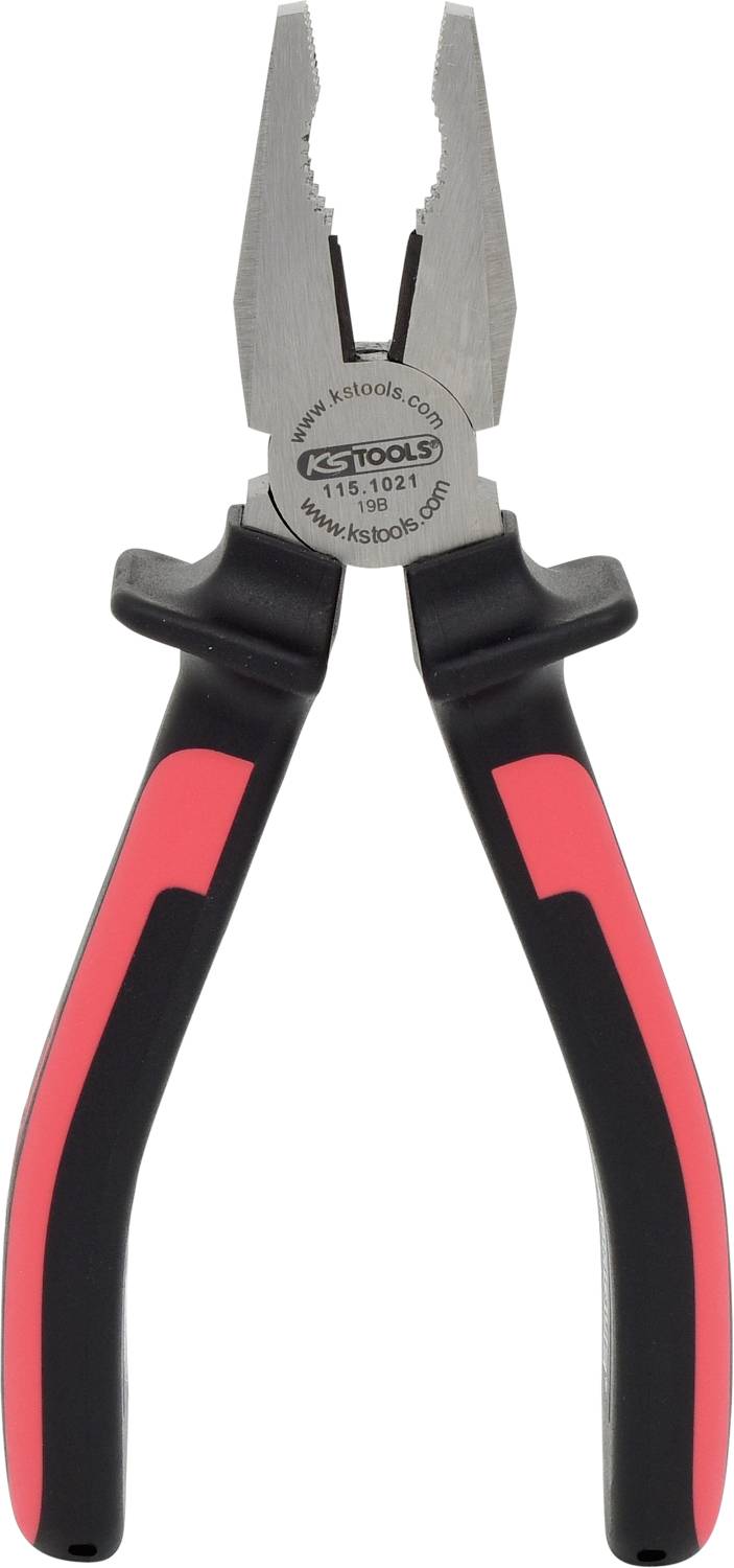 Zange mit schwarzem und rotem Griff, Metallkopf mit gezahnten Greifflächen, Markenlogo 'KS Tools' sichtbar, isolierte Griffe.