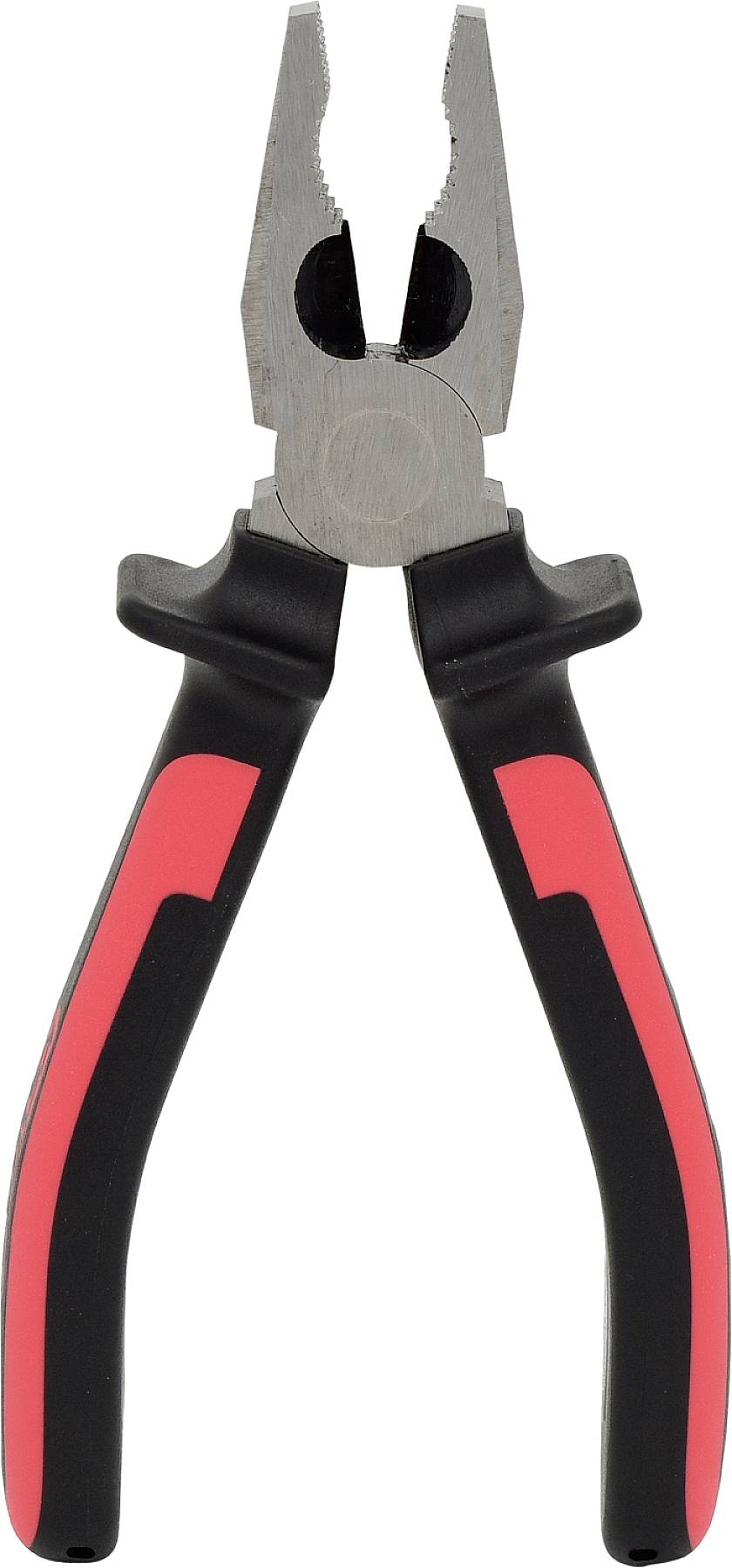 Eine Kombizange mit roten und schwarzen Griffen, geeignet für Greif- und Schneidaufgaben in handwerklichen Arbeiten.