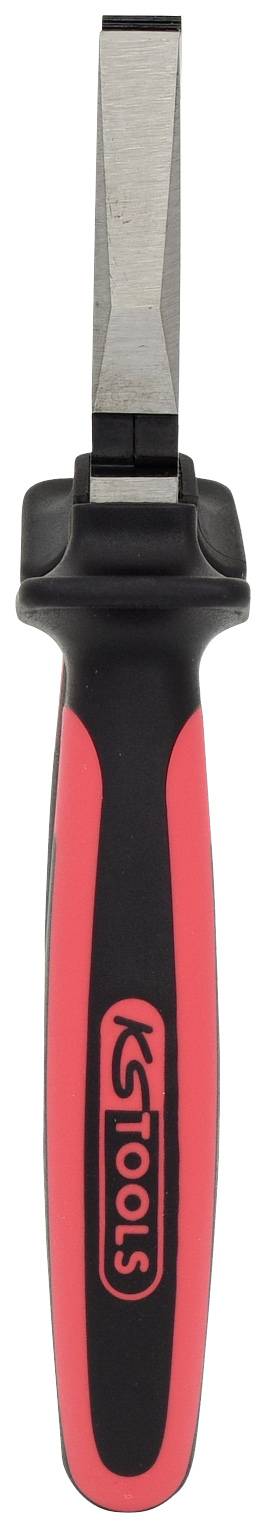 Metallmeißel mit schwarzem und rotem Griff, geeignet für feine Bearbeitung von Metalloberflächen.