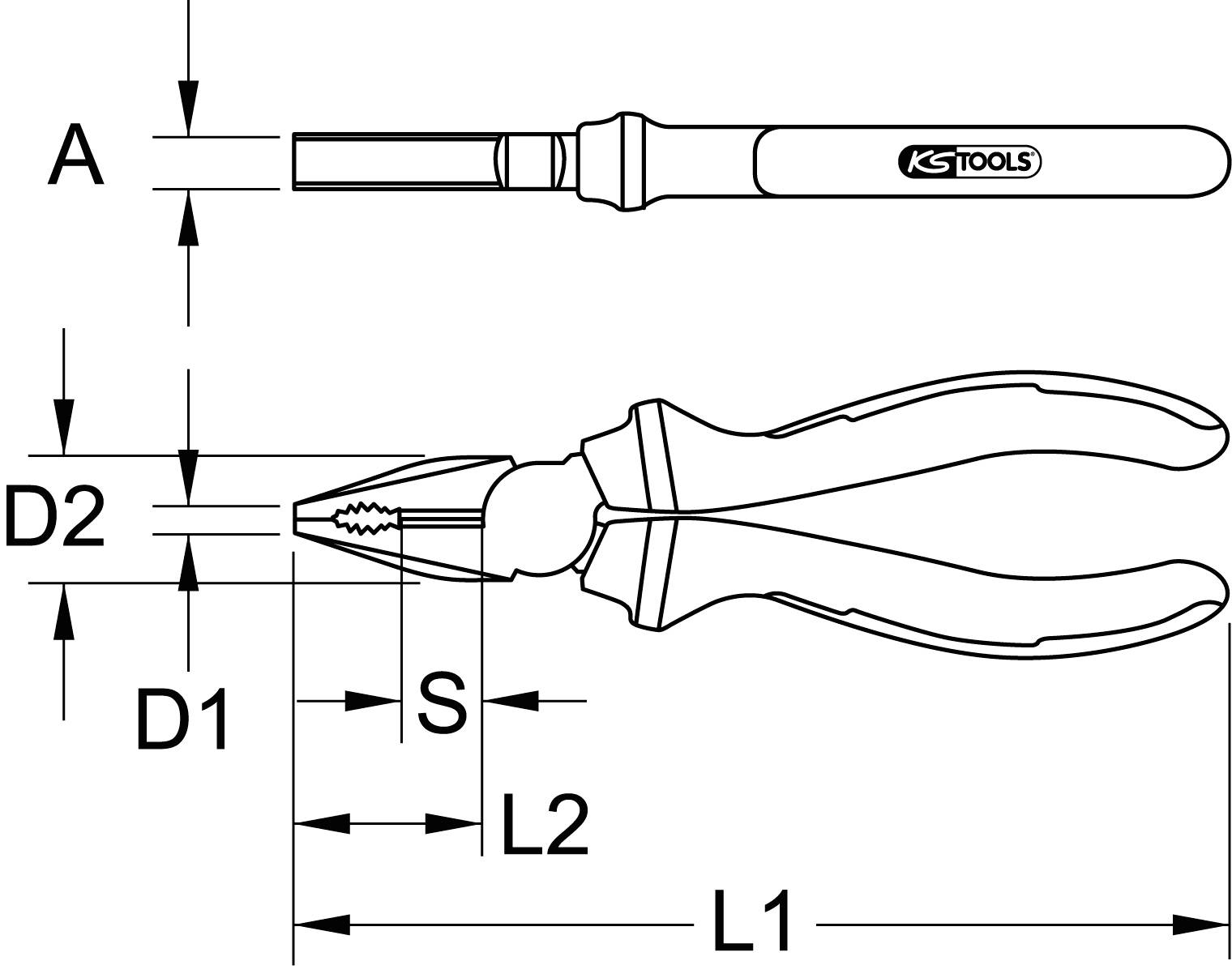 Zeichnung zeigt technische Details einer Zange mit Griffansicht oben und Maßlinien für D1, D2, S, L1, und L2.