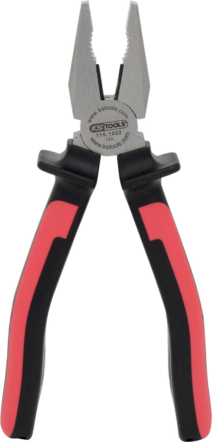 Zange mit rot-schwarzem Griff, Metallspitzen und Logo 'KSTOOLS'. Verwendet für Halten und Schneiden von Drähten und Kabeln.