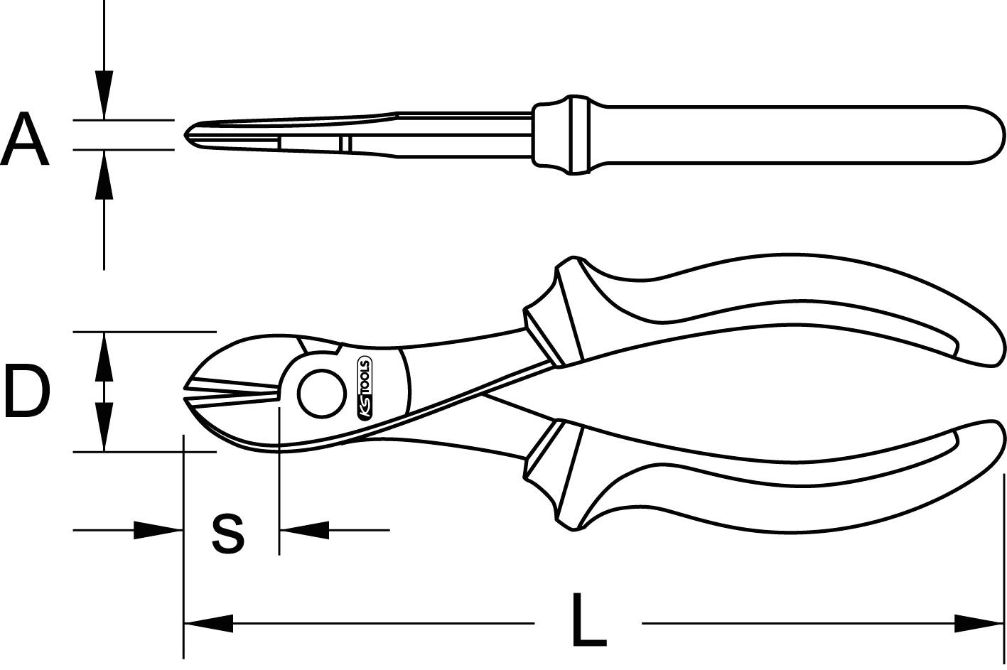 Technische Zeichnung von Seitenschneider mit Abmessungen: A, D, S, L. Draufsicht mit detaillierten Maßen und Form.