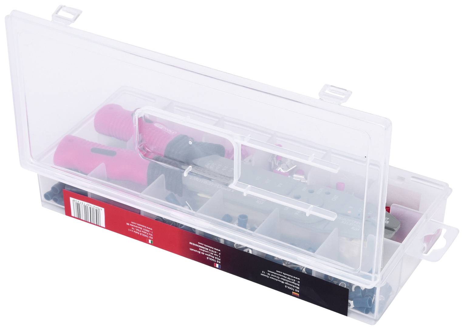 Transparente Kunststoffbox mit Fächern, die rosafarbene Schraubenzieher und Metallschrauben enthält.