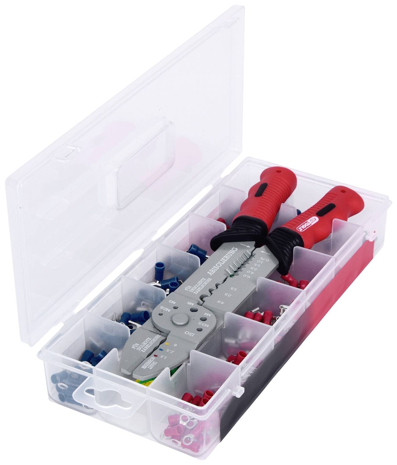 Transparente Kunststoffbox mit verschiedenen Schraubklemmen und einer Zange darin, organisiert in mehreren Fächern.