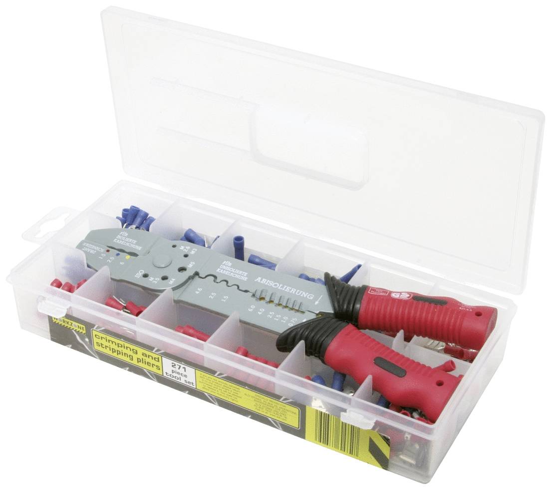 Kunststoffbox mit einer Crimpzange für Aderendhülsen und isolierten Kabelschuhen. Enthält auch verschiedene elektrische Anschlussklemmen.