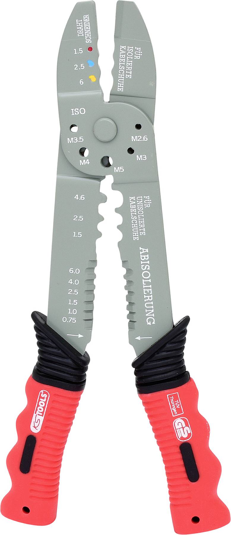 Eine silberne Drahtschneidezange mit roten Griffen, geeignet zum Schneiden und Abisolieren von Drähten in verschiedenen Größen.