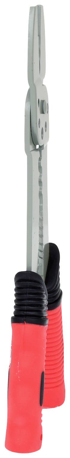 Zange mit rotem und schwarzem Griff, vertikal ausgerichtet, zeigt das Profil der Metallbacken. Geeignet für handwerkliche Arbeiten.