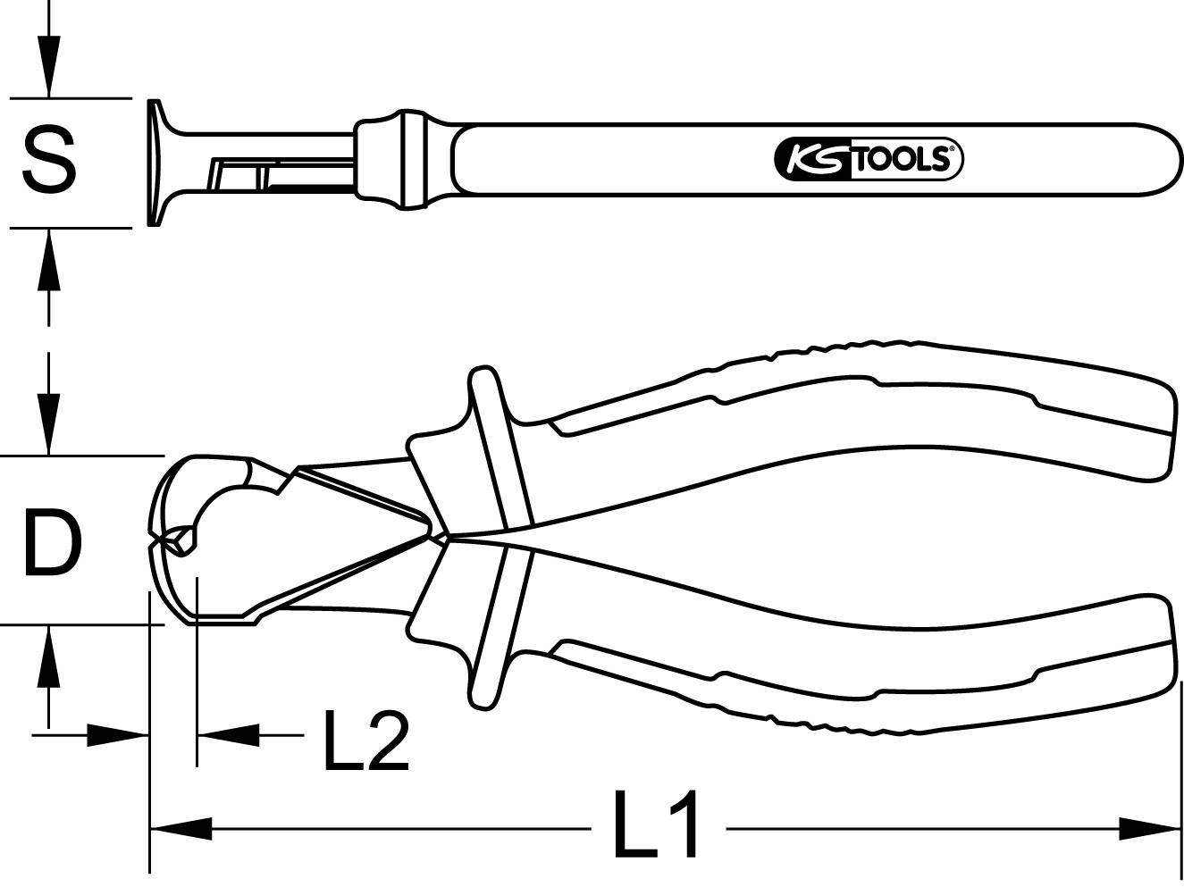Eine technische Zeichnung zeigt eine Zange mit Maßen. L1, L2, S und D sind markiert. Oben ist ein Schriftzug 'KS TOOLS'.