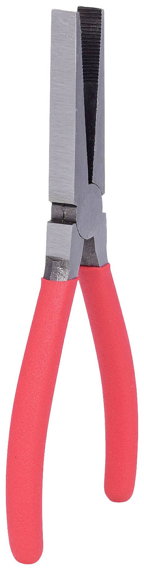 Eine Zange mit roten Griffen und flachen, gezahnten Backen, die zum Halten und Biegen von Gegenständen verwendet wird.