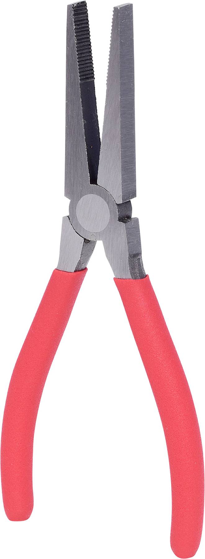 Zange mit roten Griffen, geöffnet. Hauptsächlich zum Greifen und Halten in handwerklichen Arbeiten verwendet.