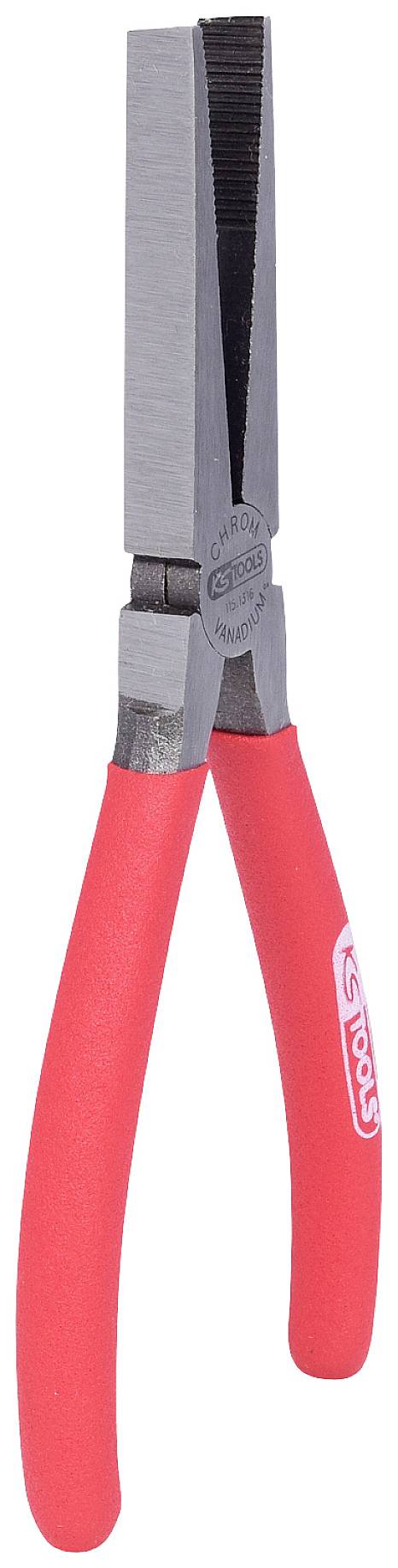 Eine Flachzange mit roten Griffen und metallischen Backen, verwendet zum Greifen und Biegen von Drähten oder kleinen Objekten.