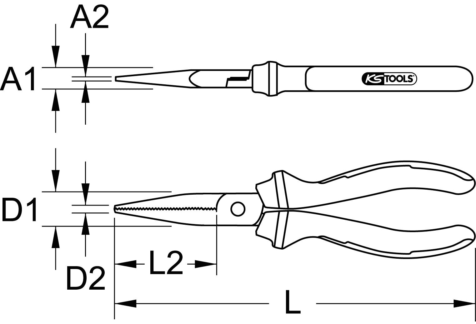Technische Zeichnung einer Flachzange mit Abmessungen: A1, A2, D1, D2, L, L2. Zange hat Griffe und gezackte Backen.