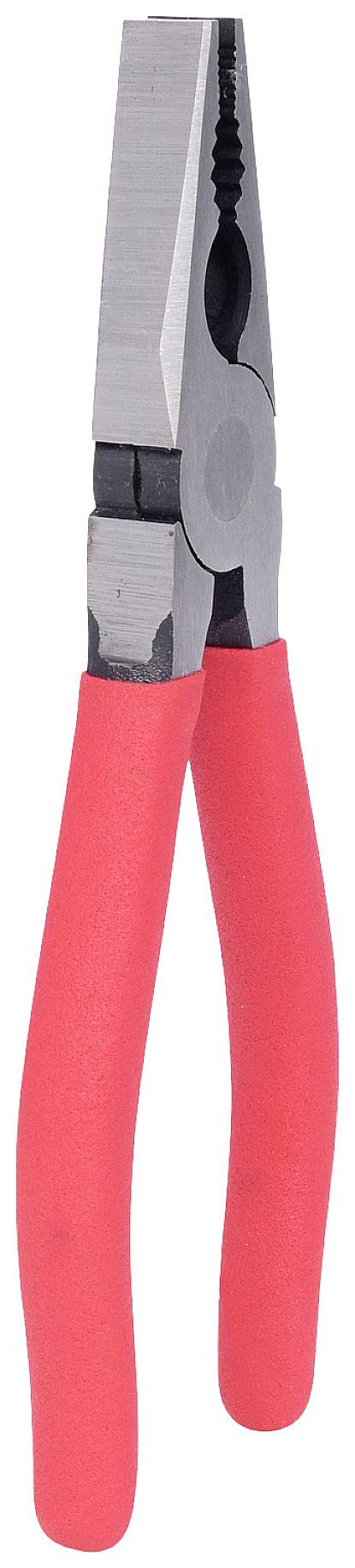 Eine rote Kombizange mit Metallkopf, geeignet zum Greifen und Schneiden von Drähten. Ideal für handwerkliche Arbeiten.