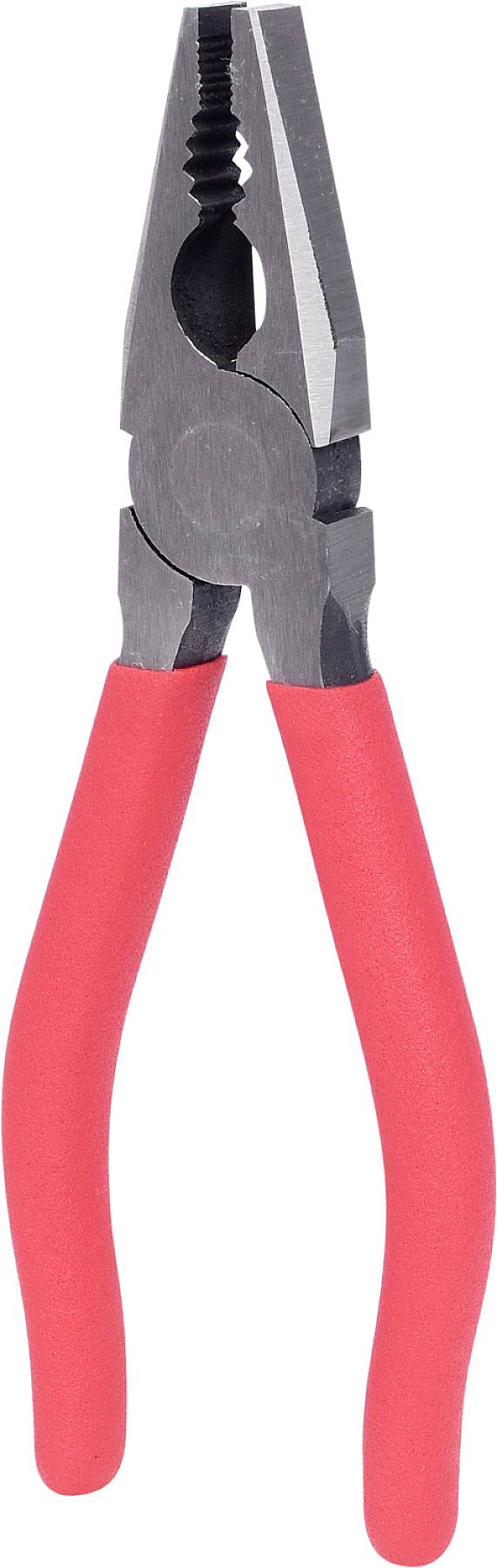 Eine rote Kombizange mit schwarzem Metallkopf, verwendet für Greifen und Schneiden von Drähten in Handwerks- und Heimwerkerarbeiten.