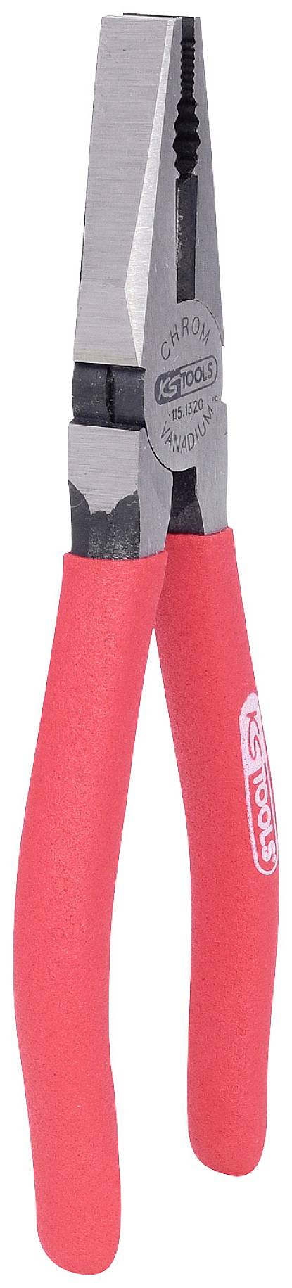 Eine rote Greifzange mit rutschfesten Griffen und verzahnten Backen zum Halten, Biegen oder Drehen von Drähten und Kabeln.