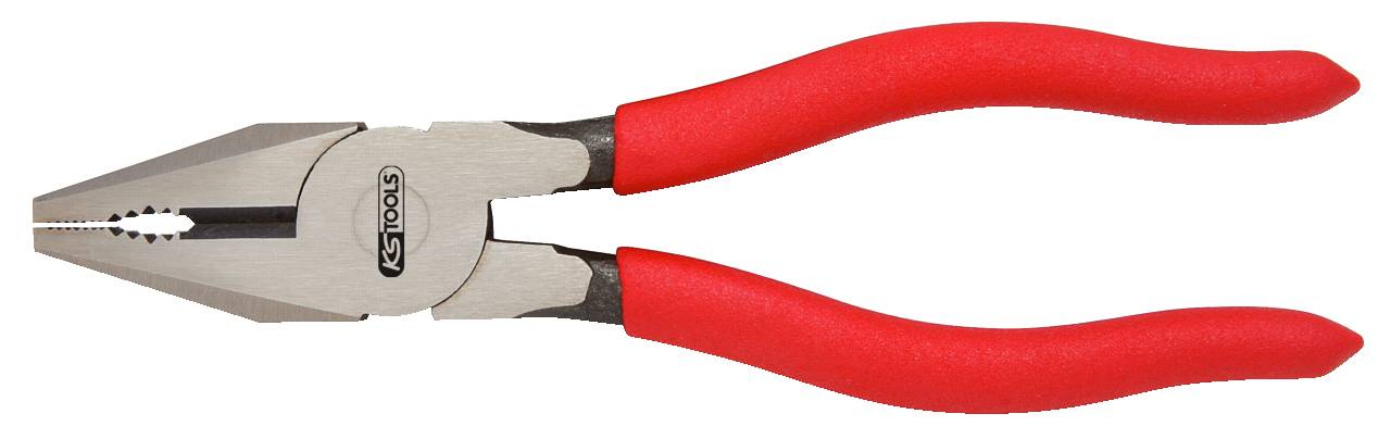 Rote Kombizange mit geriffelten Greifflächen und Werkzeugmarkenlogo. Geeignet zum Greifen und Schneiden von Kabeln und Drähten.