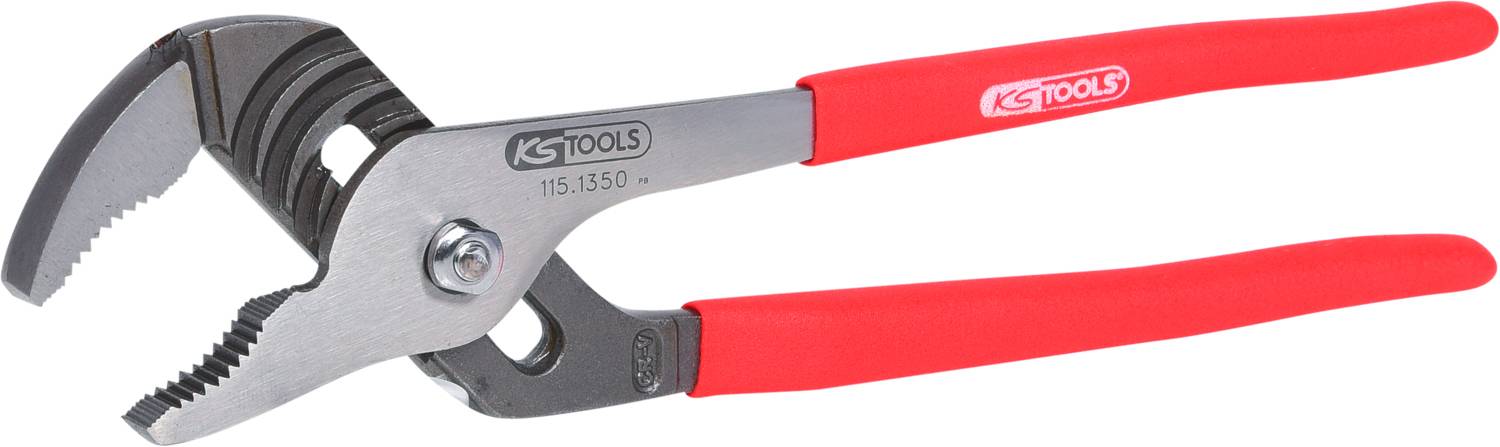 Wasserpumpenzange mit roten Griffen und silbernem Werkzeugkopf, geeignet zum Greifen und Drehen von Rohren oder Muttern.