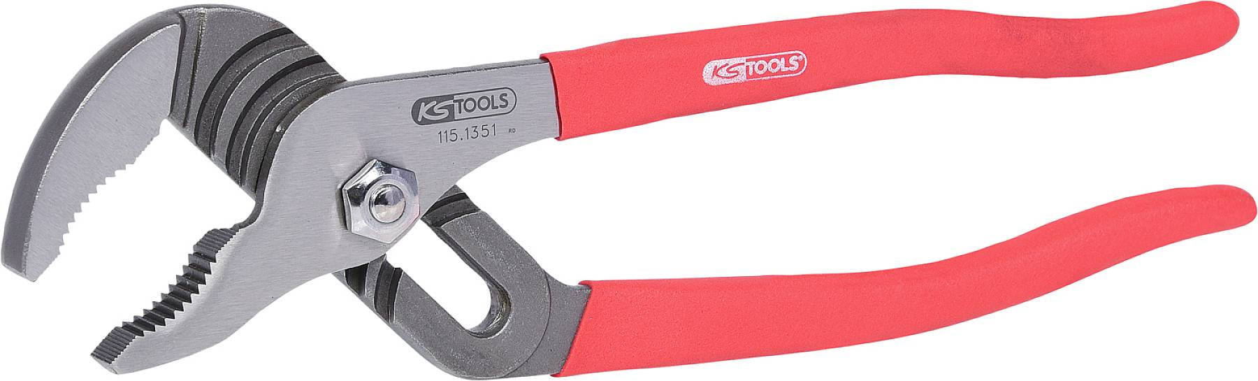 Rote Wasserpumpenzange mit verstellbarem Kiefer, geeignet zum Greifen und Drehen von Rohren oder ähnlichen Objekten.