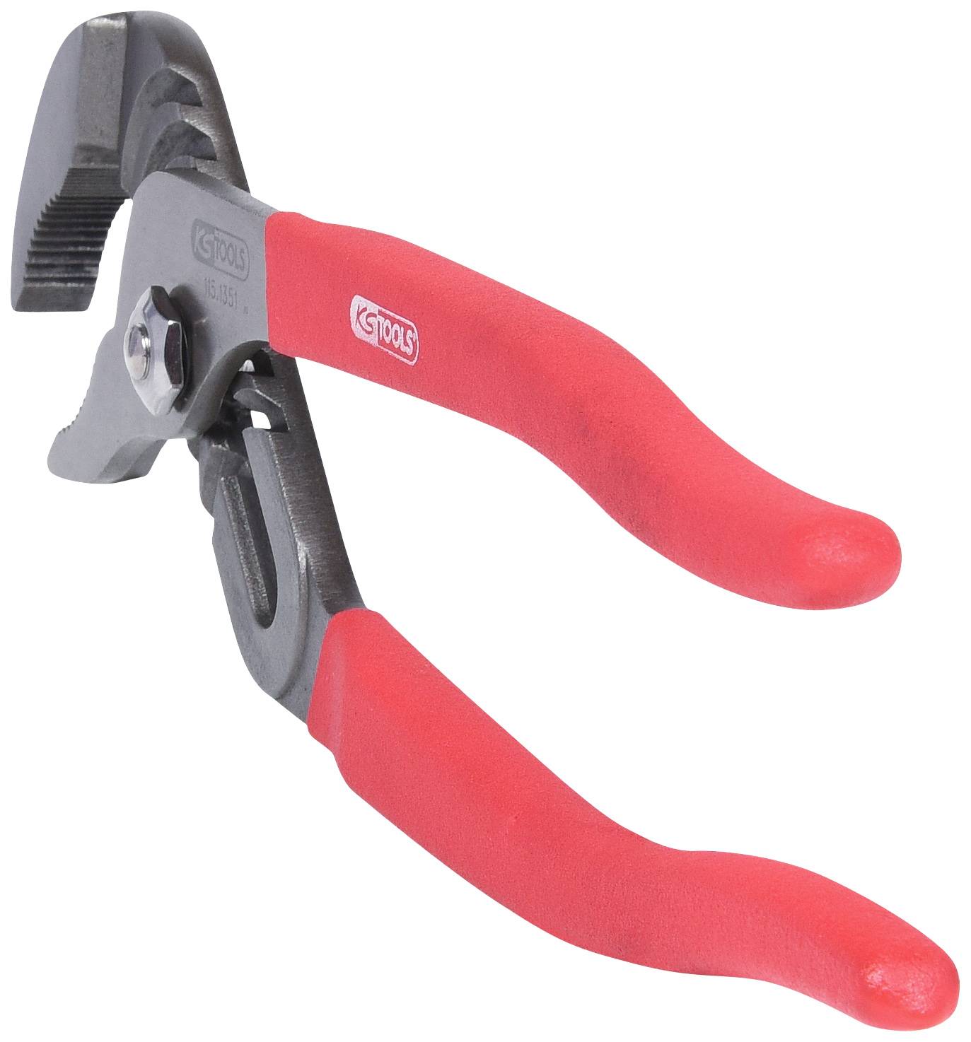 Eine Rohrzange mit roten Griffen, geeignet zum Greifen und Drehen von Rohren in Klempnerarbeiten.
