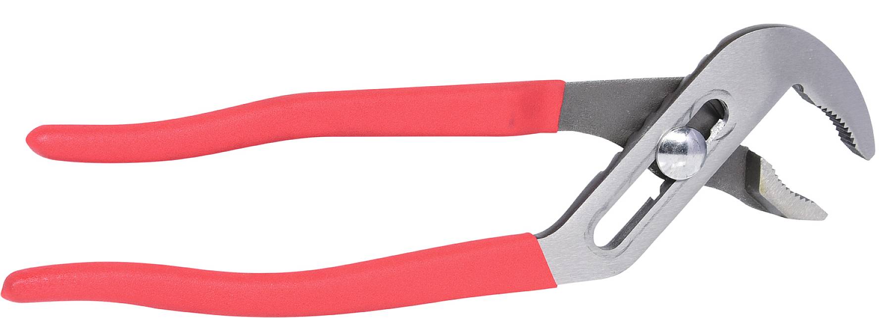 Eine Rohrzange mit roten Griffen. Sie hat verstellbare Backen, die zum Greifen und Drehen von Rohren und anderen runden Objekten dienen.