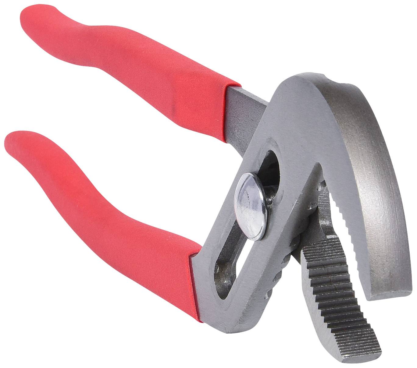 Eine rote Rohrzange mit verstellbaren Backen, verwendet zum Greifen und Drehen von Rohren und anderen runden Objekten.
