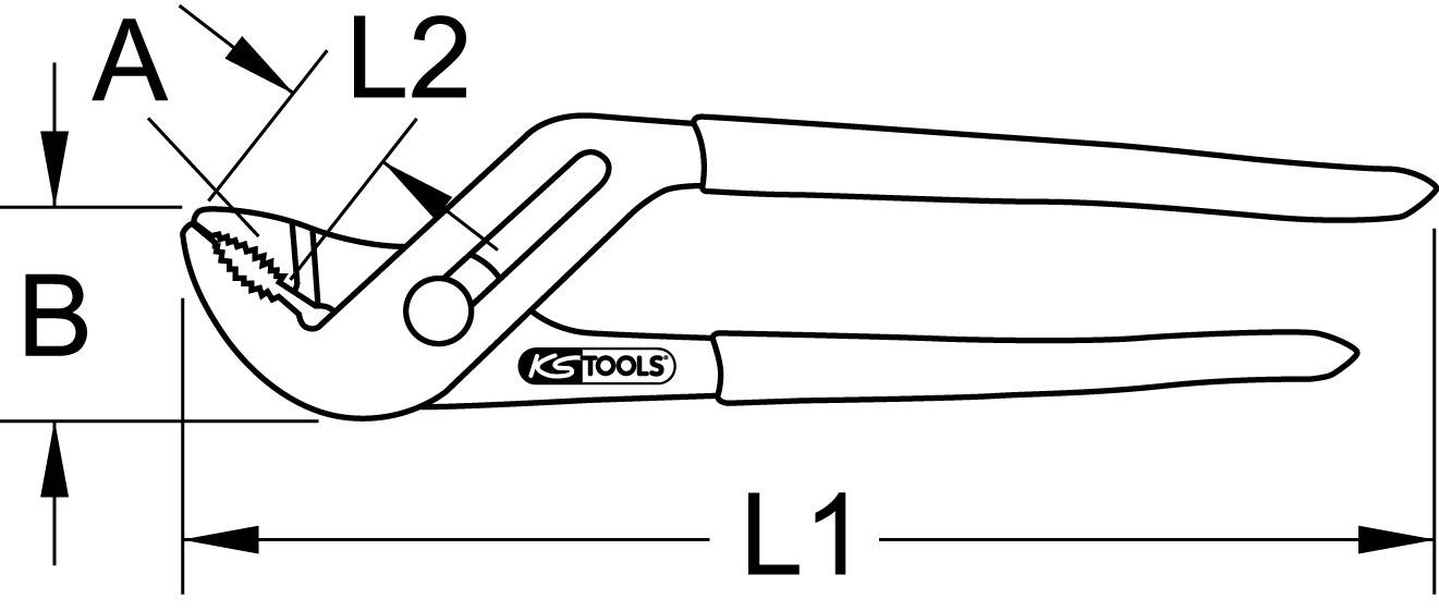 Eine technische Zeichnung einer Wasserpumpenzange mit markierten Maßen: 'L1', 'L2', 'A' und 'B'.