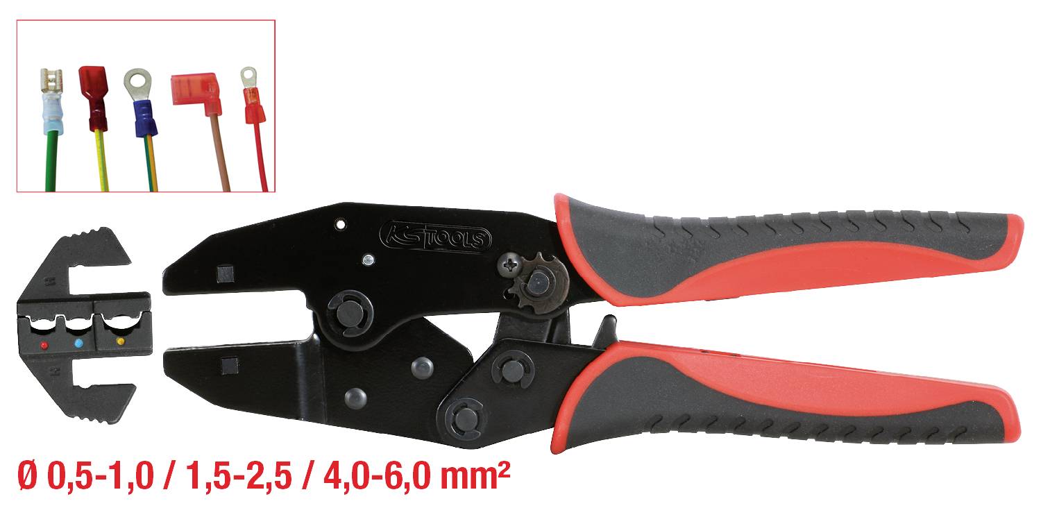 Zange für die Crimpverbindung mit verschiedenen Kabelschuhen. Farbliche Markierungen für 0,5-6,0 mm² Kabelgröße.
