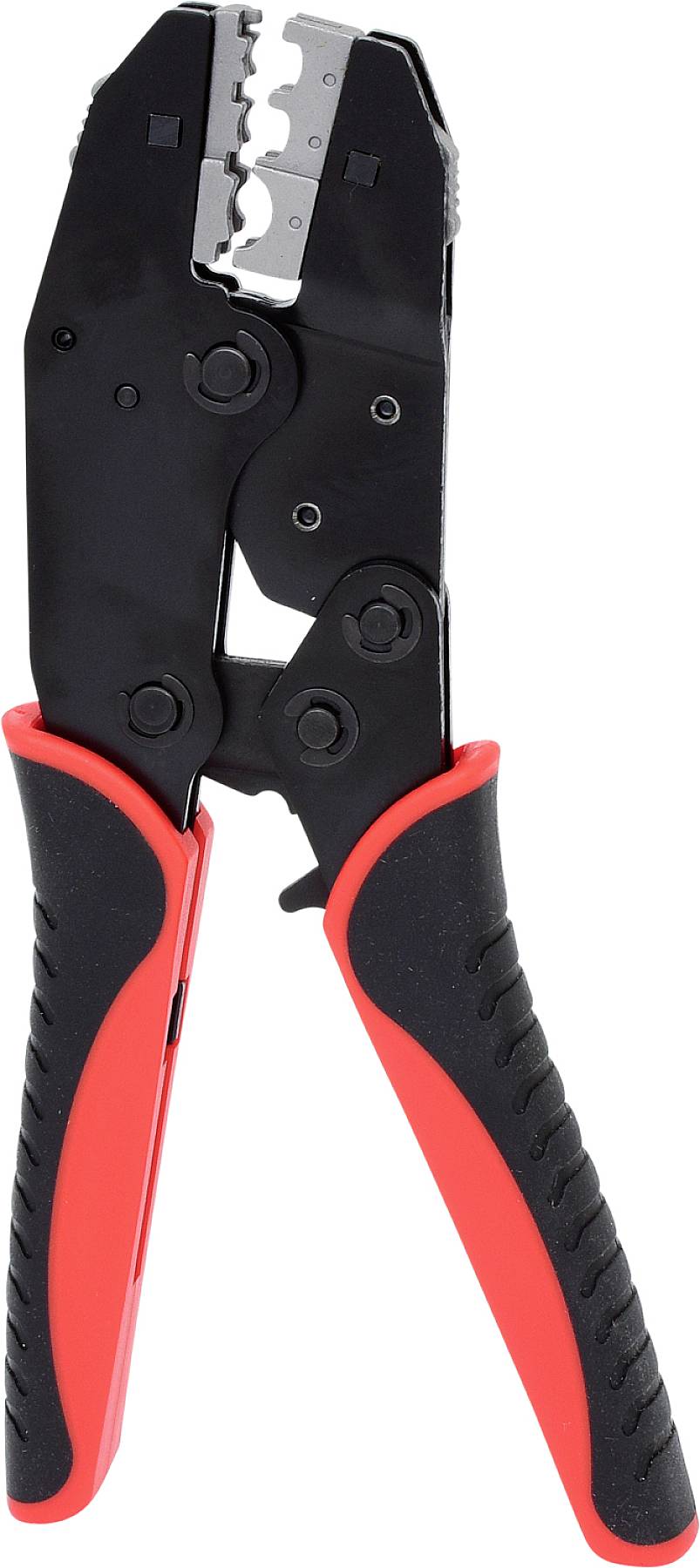 Schwarze Crimpzange mit roten Griffen, geöffnete Backen zeigen Zackenmuster. Werkzeug für Elektrokabelbearbeitung.