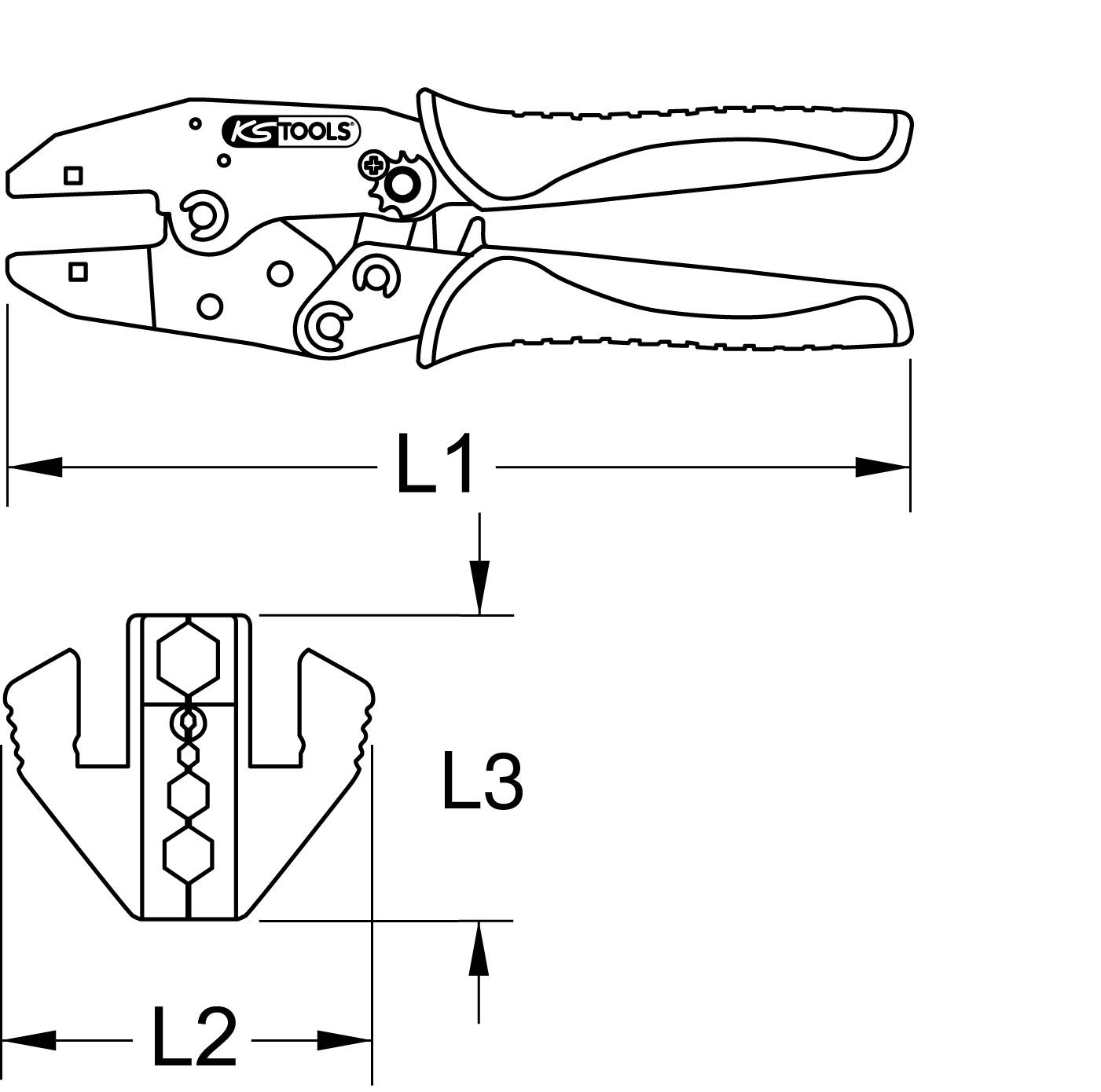 Zeichnung einer Crimpzange mit Maßangaben L1, L2 und L3. Zeigt Werkzeugelemente und technische Details zur Dimensionierung.