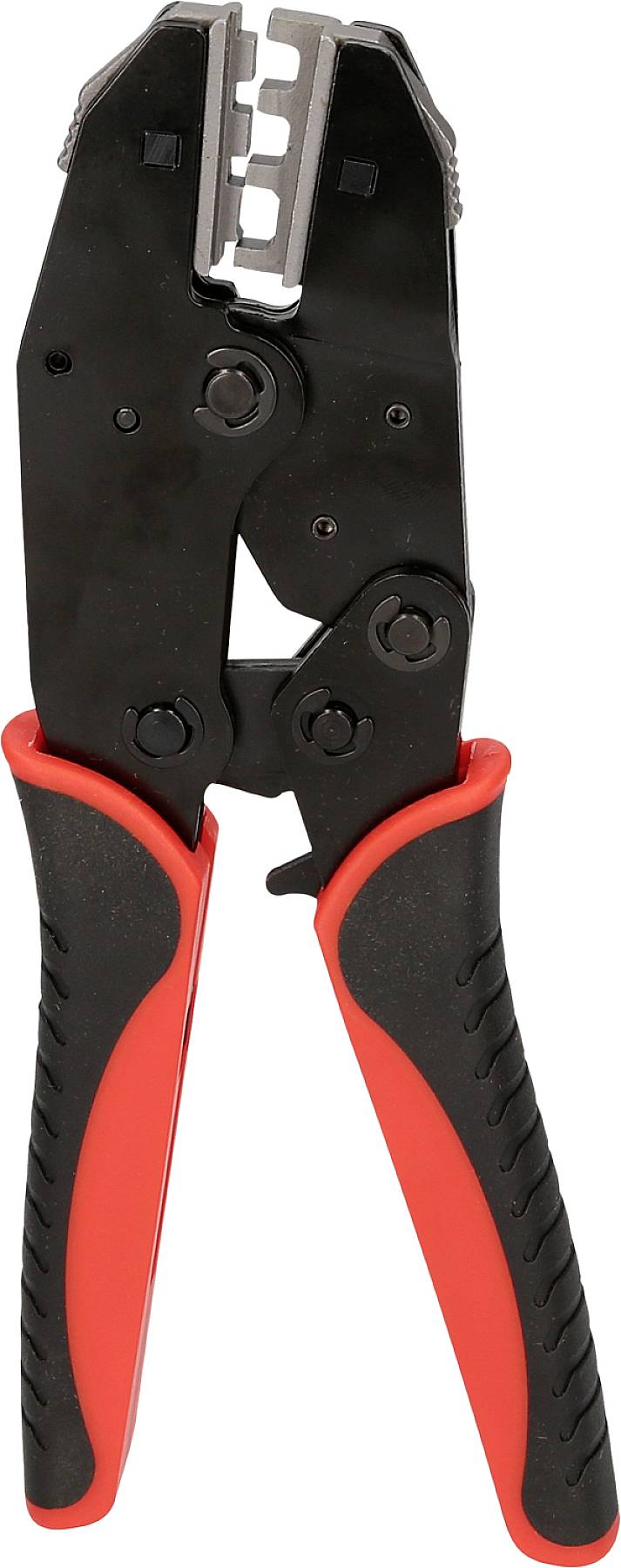 Eine schwarze und rote Crimpzange mit einem verstellbaren Kopf, geeignet zum Verbinden von Kabeln und Steckverbindern.