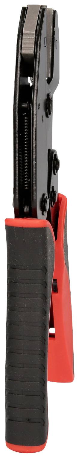 Schwarz-rotes Crimpwerkzeug mit geriffeltem Griff und Metallkopf, für das Crimpen von Kabelverbindungen.