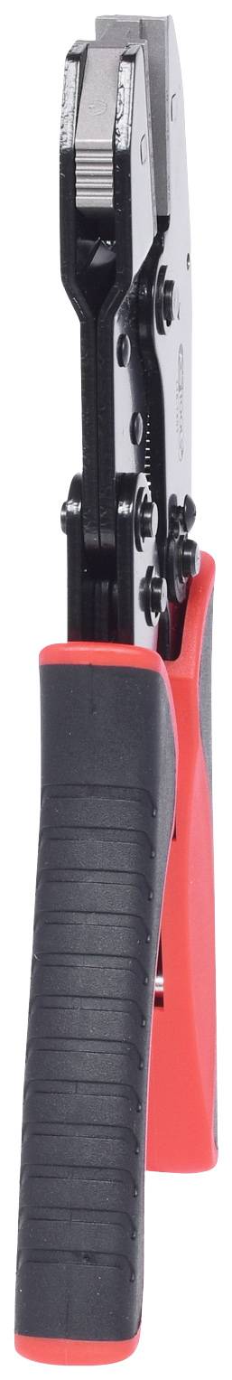 Eine rote und schwarze Crimpzange mit isolierten Griffen, seitliche Ansicht. Geeignet zum Sichern von Kabelverbindungen.